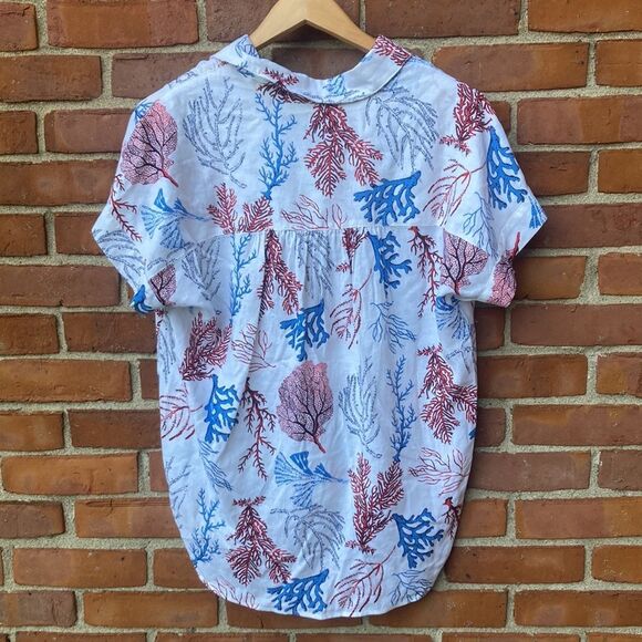 Jane + Delancey Linen-blend Coral Print Reef Shirt Blouse - Picture 2 of 7